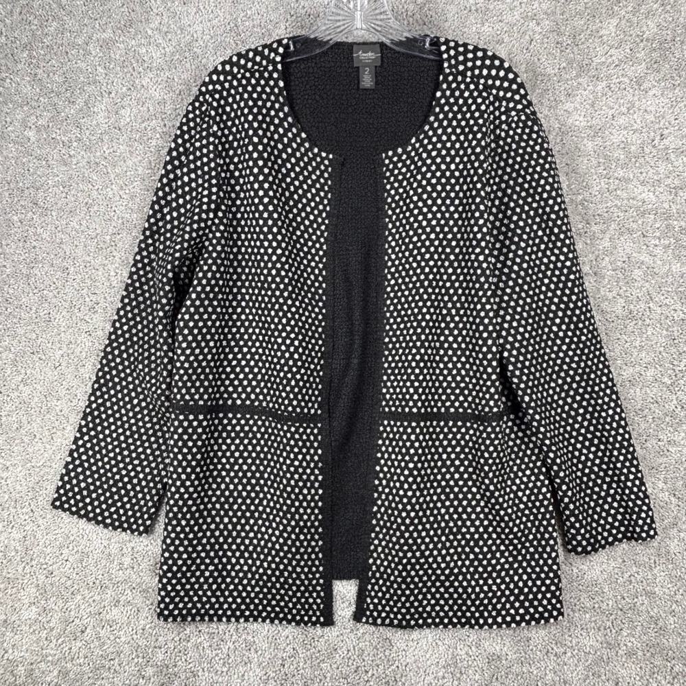 Chico's Travelers Collection Black White Polka Dot Crinkle Open Front Jacket 2